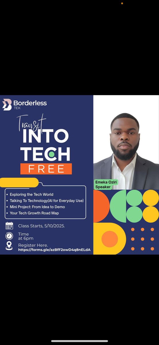 BorderlessTek's tweet image. Thinking of transitioning into tech? 🚀
📅 Oct 5, 2025 | ⏰ 6PM | 📍 Google Space
Don’t just dream it — build it. 🌍✨
#TechTransition