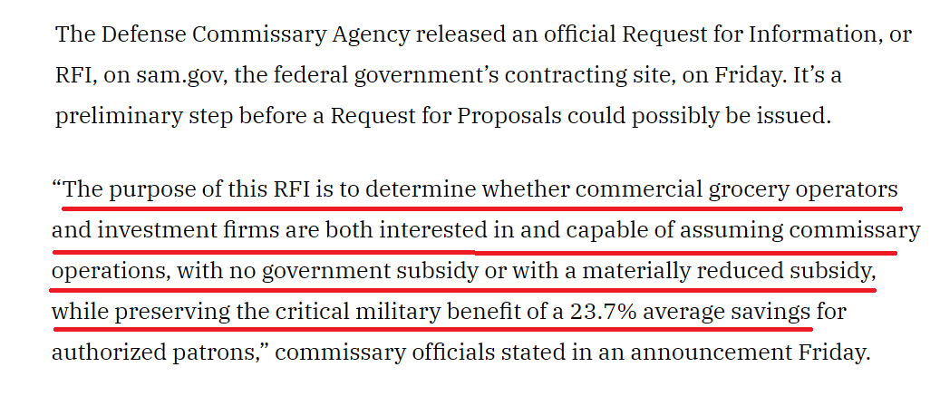 I'm really, really curious to see how private operators of military commissaries are going to deliver 24% average savings for military personnel "with no government subsidy"

militarytimes.com/pay-benefits/m…