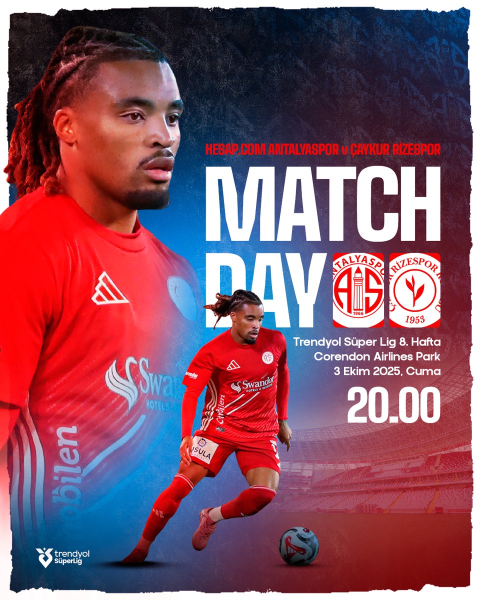 🎯 Hesap.com Antalyasporumuz, 2025-2026 Trendyol Süper Lig Mehmet Ali Yılmaz Sezonu'nun sekizinci haftasında Çaykur Rizespor ile karşılaşacak.

🏟 Corendon Airlines Park
🗓 3 Ekim 2025, Cuma
⏱️ 20.00
👤 Ozan Ergün
📺 beIN Sports 2

#AkreplerinMaçıVar