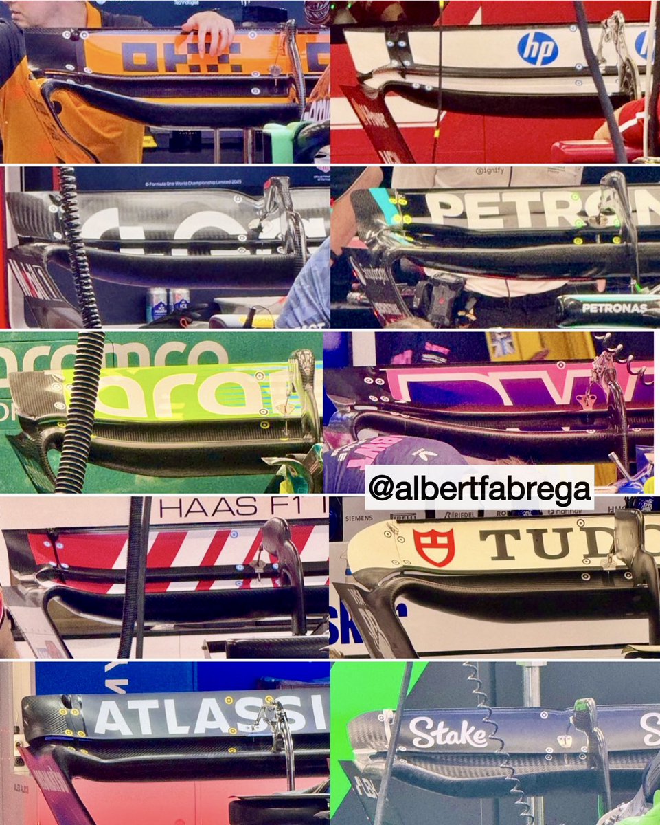 FDataAnalysis's tweet image. SINGAPORE = MAX DOWNFORCE! ⚠️
Still, some teams have a more extreme max downforce wing than others:
-Aston has a deeper and wider lower plane spoon compared to Alpine; the upper plane looks more vertical, too
-Mercedes’ lower plane is much more cambered than Ferrari’s
📸…