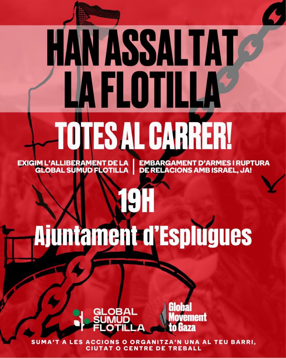 ⚠️🇵🇸⚠️🇵🇸⚠️🇵🇸⚠️🇵🇸

Per aquelles veïnes i veïns que no pugueu venir a la columna comarcal: 

CONCENTRACIÓ A ESPLUGUES:
📆 Avui
🕛 19h
📍 Ajuntament d'Esplugues 

Fins la fi del genocidi i per una Palestina Lliure!

#BoicotIsrael