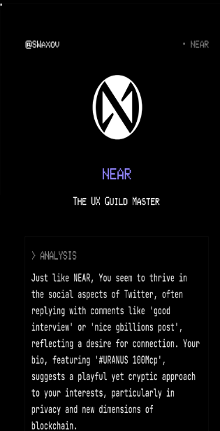 SWaxov's tweet photo. According to my twitter data, I give $NEAR vibes.
Bullish?
Try Coinology on https://t.co/Brf8A451Jy. #datarevolution https://t.co/XjyoWBXR6L