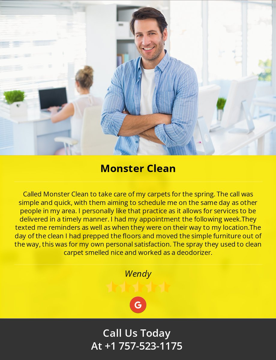 MonsterCleanVA's tweet image. 5 Star: Wendy "Called Monster Clean to take care of my carpets for the spring. The call was simple..."