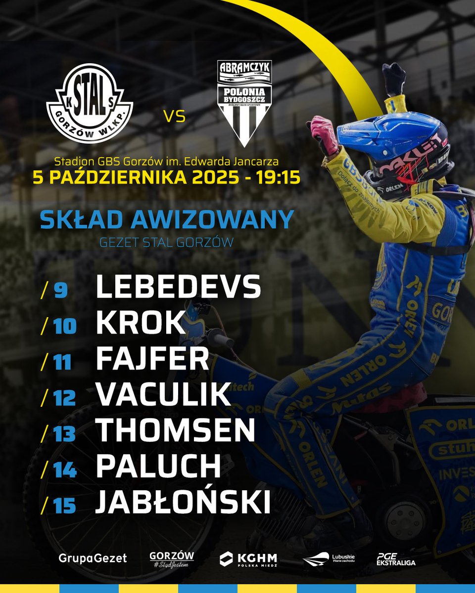 StalGorzow1947's tweet photo. Awizowany skład na mecz #GORBYD

#STALeRAZEM https://t.co/ZXv6hEZRdO