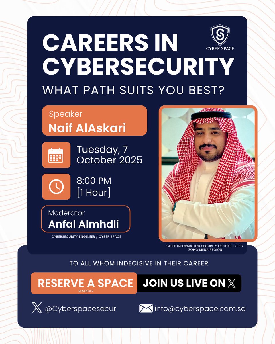 🚀 We’re going live Here!

Cybersecurity offers endless opportunities, but finding the right path can feel overwhelming. That’s why we’re hosting a special session:

🎙 Careers in Cybersecurity: What Path Suits You Best?

👤 Speaker: AlAskari, Chief Information Security Officer