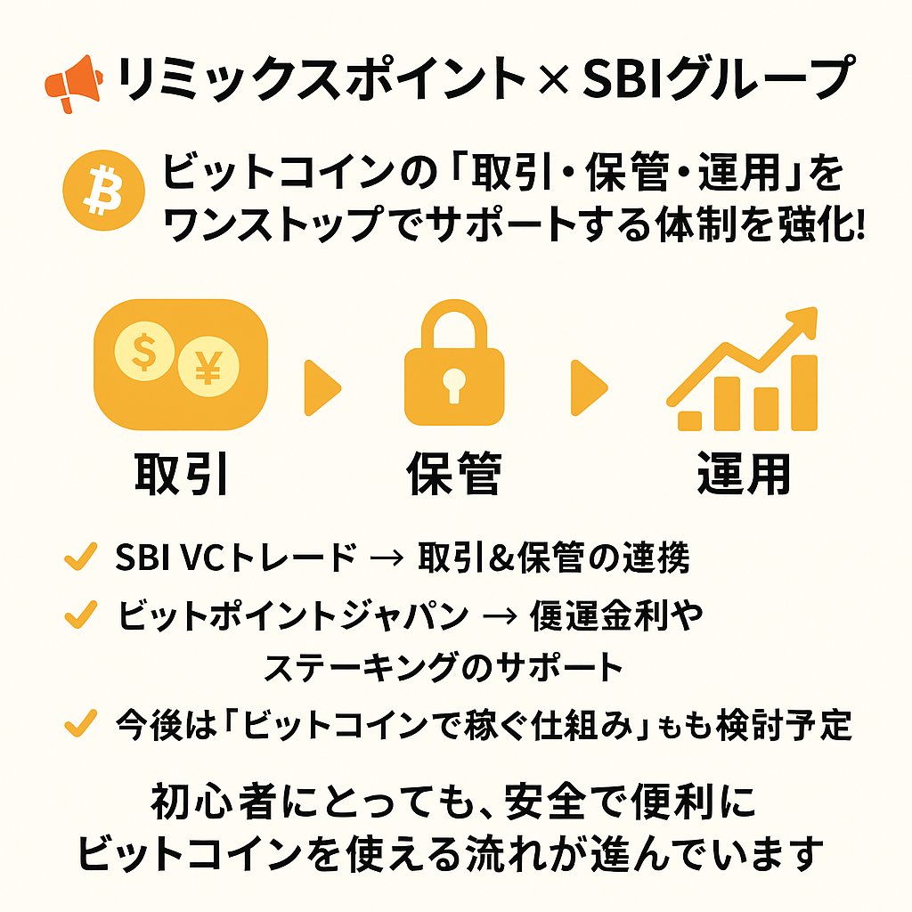 📢 リミックスポイント × SBIグループ

国内上場企業「リミックスポイント」が、SBIグループの2社とタッグを組みました。
👉 ビットコインの「取引・保管・運用」をワンストップでサポートする体制を強化！

✅ SBI VCトレード → 取引＆保管の連携
✅ ビットポイントジャパン →