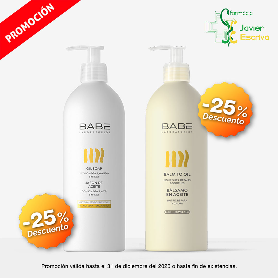 Nova promoció dels Laboratoris Babé
Fins al dimecres 31 de desembre a la Farmacia Escrivà tenim la Promoció del Sabó i Bàlsam d'Oli amb el 25% de descompte.
T'esperem