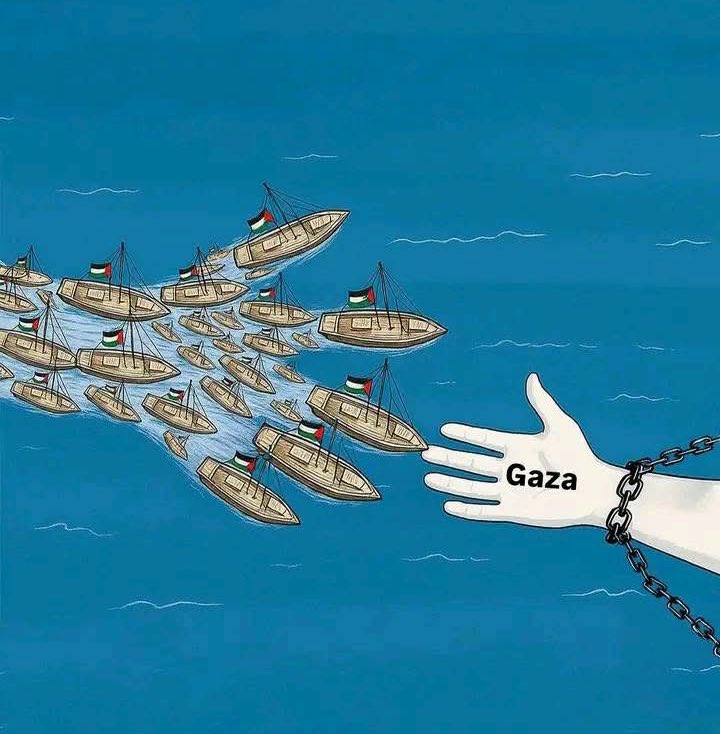 قرآن پاک میں واضح حکم ہے کہ یہود و نصاریٰ کو اپنا دوست نہ بناؤ،وہ ایک دوسرے کے دوست ہیں •(المائدہ: 51)•
آج کے حالات اسی حقیقت کی تفسیر ہیں -

یہ تصویر غزہ کے زخمی ہاتھ کو پکڑنے کی انسانیت کی جدوجہد ہے، جسے ظلم کی زنجیریں روکنے کی کوشش کر رہی ہیں-
#GlobalSumudFlotilla