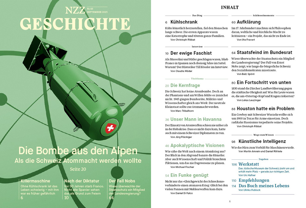 Braucht die Schweiz eine #Atombombe? Unbedingt, hiess nach #Hiroshima. NZZ Geschichte Nr. 60 ist da – wir berichten über die Pläne der Eidgenossen. Die #Kubakrise. Den #Atomkrieg im Kino. Und das Glück, das die Welt bei Unfällen mit #Nuklearwaffen hatte. shop.nzz.ch/geschichte