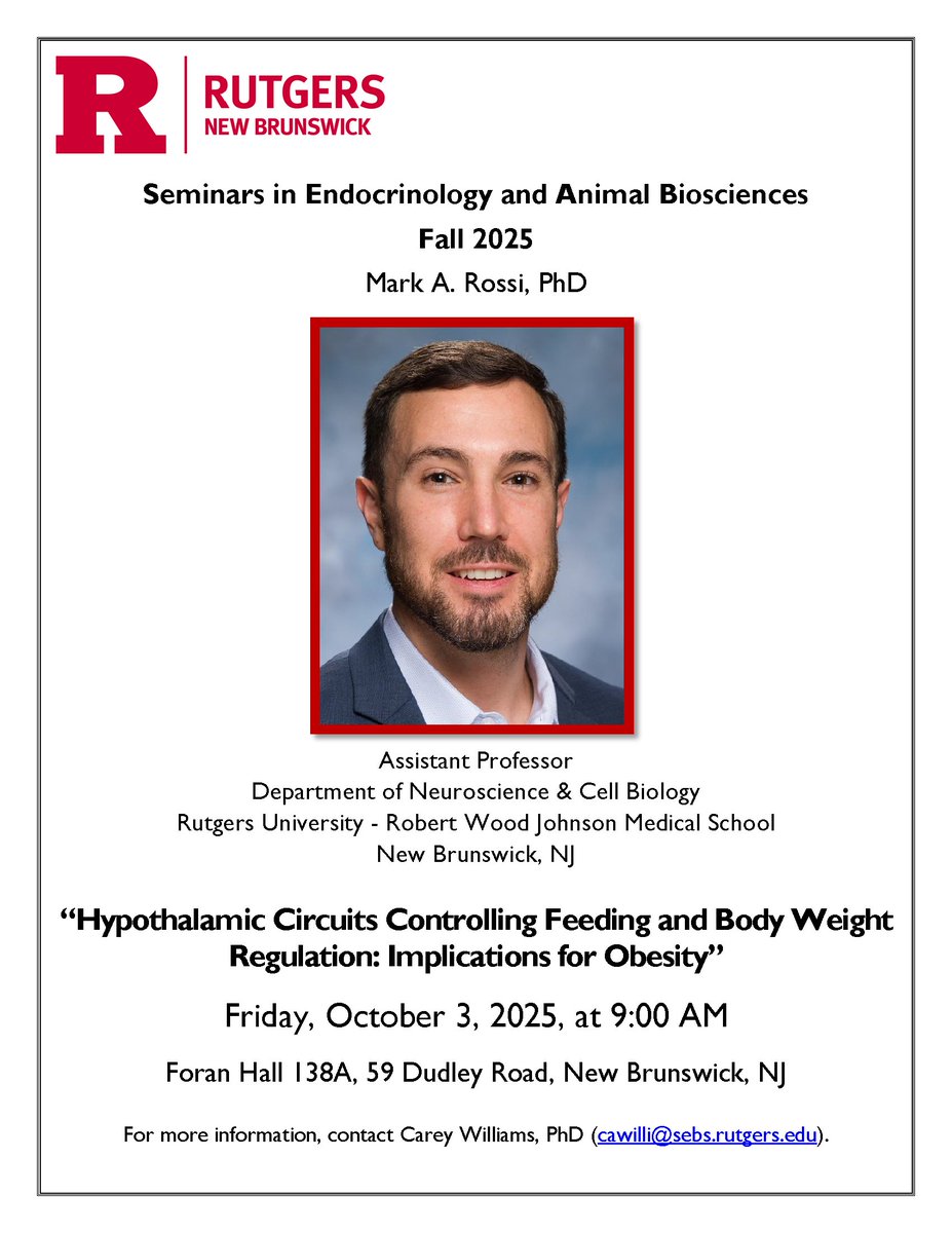 Please join us in person at 9AM TOMORROW, 10/3, for an EAB Seminar presented by Mark A. Rossi, PhD, Assistant Professor, Department of Neuroscience &amp; Cell Biology, Rutgers RWJMS. Questions? Email stacey.pontoriero@rutgers.edu.
#animalscience #rutgersuniversity