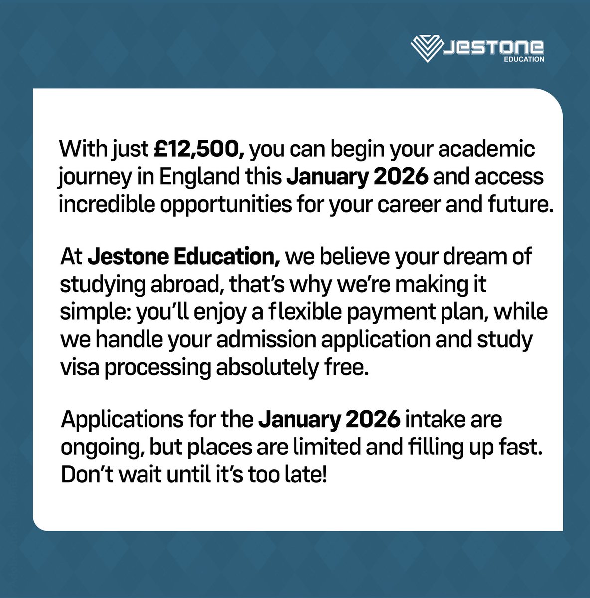 JestoneEdu's tweet photo. ๐ฒ Send us a DM today or call/WhatsApp 0704 449 1555 | 0816 666 7757 to secure your place and let Jestone Education take you one step closer to your study abroad dream.
#StudyInUK #StudyInEngland #January2026Intake #JestoneEducation #GlobalCareersBeginHere https://t.co/IAI0gIKOPV