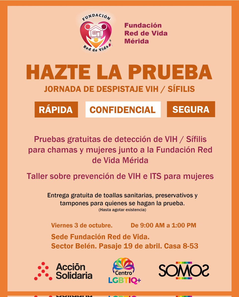 Este viernes lideramos jornada de chicas 🫰🏽💛

@SOMOSMov, el Centro LGBTIQ+ y Red de Vida, con el invaluable apoyo de <a href="/AccionSolidaria/">Acción Solidaria</a>, realizamos Jornada de Despistaje de VIH / Sífilis enfocada en chamas y mujeres este viernes 3 de octubre desde las 9:00 AM hasta la 1:00 PM.