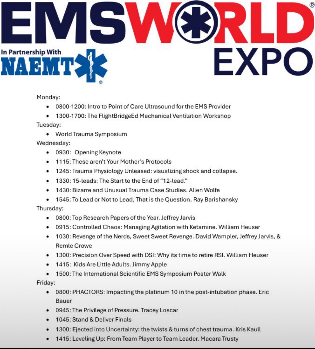 Thinking about #EMSWorldEXPO this month? Overwhelmed by all the classes? 
Below is the list of classes I'd attend as a front-line clinician looking for implementable change for my transport system.

What do you think, what are your not-to-miss courses at this year's meeting?