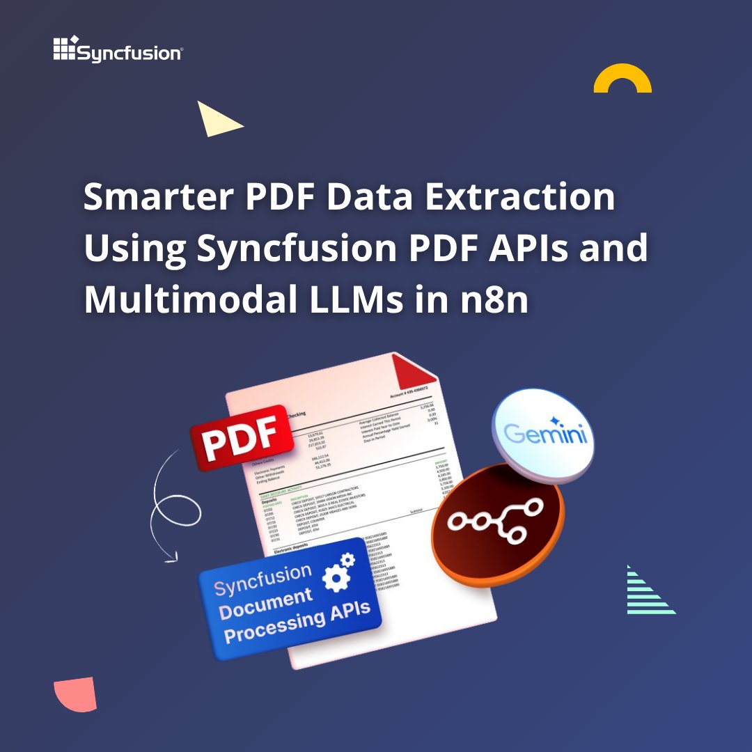 Syncfusion's tweet image. Effortlessly extract structured data from complex PDFs using Syncfusion’s powerful PDF APIs combined with multimodal LLMs in n8n—bringing automation and intelligence together.
➡️ First up: Step 1 – Import PDF 👇
#PDFExtraction #Syncfusion #n8n
(1/9)