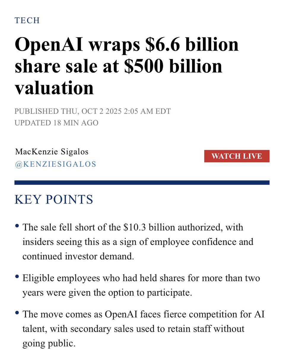 OpenAI employees sold $6.6B of equity if they held for more than 2yrs, when they had 770 employees.

Thats $8.5M/employee on average.

Thanks ChatGPT for absolutely destroying the SF real estate market!
