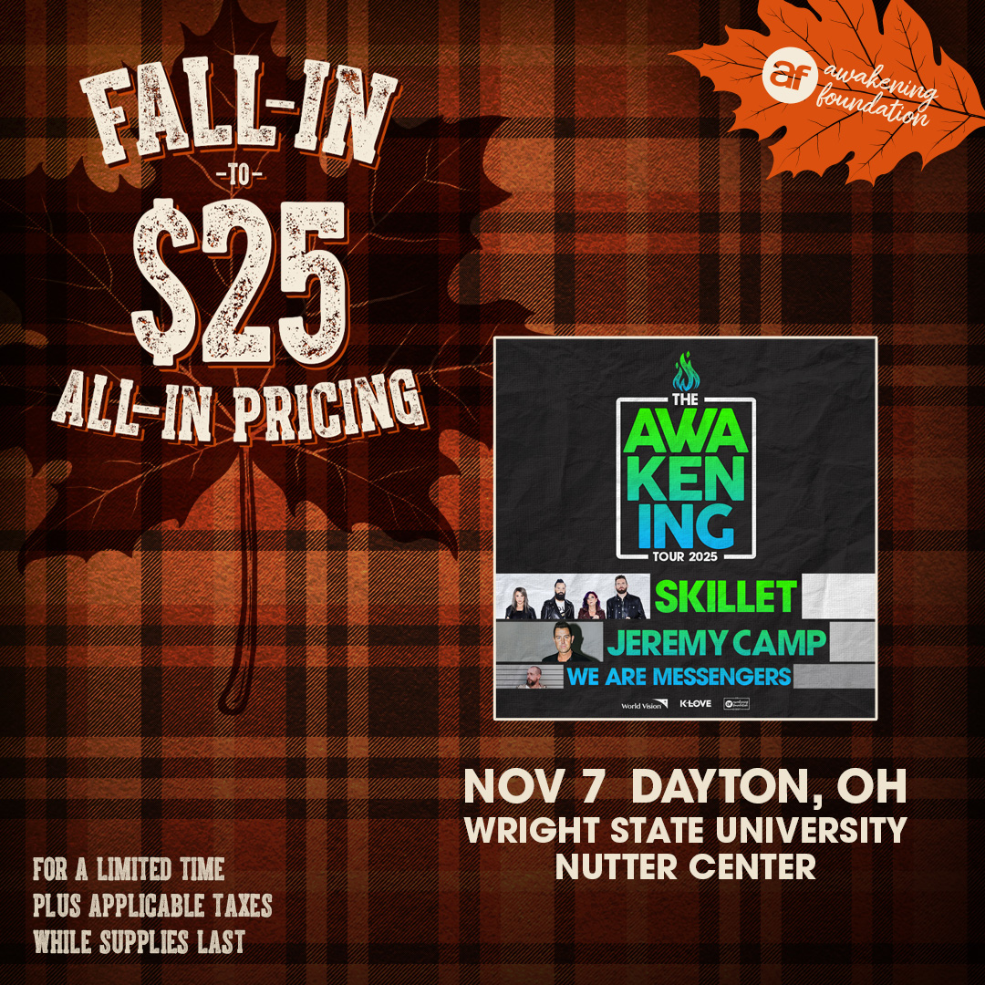 🍂 The Awakening Tour just dropped a deal! 🍂
Select tickets are $25 ALL-IN (while supplies last + taxes may apply). 🎶🔥

Don’t wait—fall into this offer today! 🎟️
