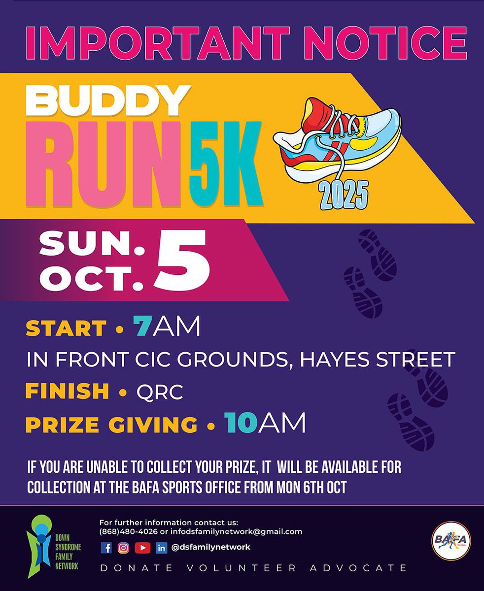 📍 Buddy Run 5K
•Start: 7AM | CIC Grounds, Hayes Street
•Finish: QRC
•Prize Giving: 10AM 🎉
💡 If you are unable to collect your prize on event day, it will be available at the BAFA Sports Office from Monday 6th October.