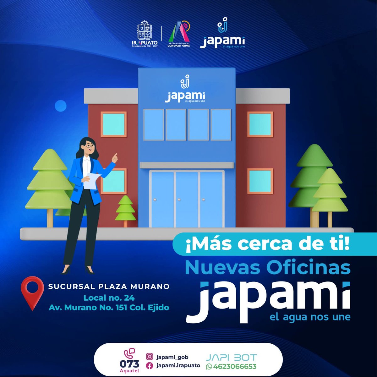 En Japami seguimos trabajando para brindarte un servicio más cercano y eficiente. 🤝

Úbicanos en Plaza Murano, donde puedes realizar:
✅ Contratos 
✅ Pago de servicios 
✅ Reportes
✅ Aclaraciones

Estamos de lunes a viernes de 8:00 am a 3:30 pm y sábados de 9:00 am a 2:00 pm.