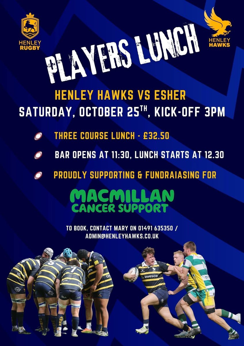 📣 CALLING ALL PAST PLAYERS 📣

We have our annual Players Lunch on Saturday, October 25th for the Hawks game against Esher Rugby. All the details are 👇, but please book soon as it will be one not to miss! 

We're proud to be fundraising in partnership with Macmillan Cancer