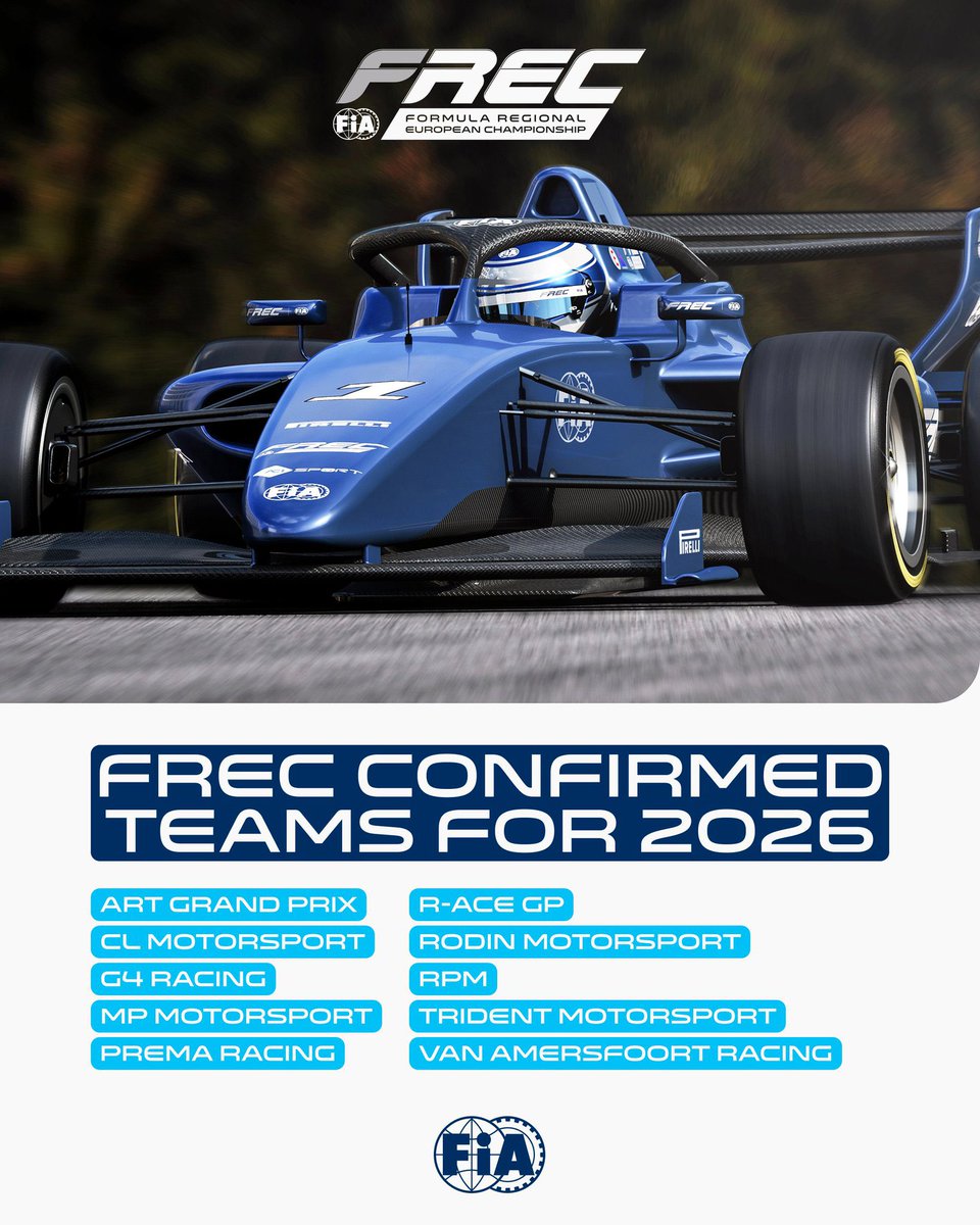 ElPitWall's tweet photo. En el marco del #SingaporeGP la Federación Internacional @fia confirma a los diez equipos internacionales de primer nivel para el Campeonato Europeo de Fórmula Regional #FIAFREC del 2026.
Una de las categorías importantes de preparación hacia la #F1 https://t.co/UA0GjmSUZQ