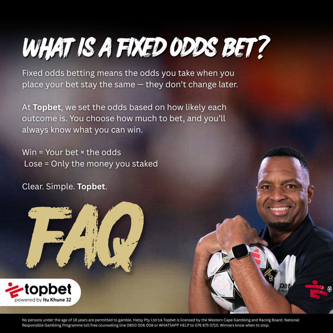 TopbetSA_'s tweet photo. 💡 Sports Betting 101: Fixed Odds Explained!

At Topbet, your potential winnings are locked in at the odds you bet on — no surprises, no changes. 🎯

Bet smarter, win bigger! 🏆 https://t.co/AI36g57VLs 

#SportsBetting #FAQ #Topbet #FixedOdds #BetSmarterWinBigger #SportsBettingMadeEasy