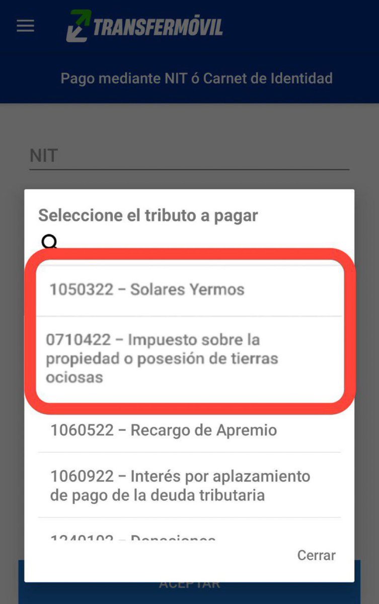 Odailysgr's tweet photo. La nueva actualización de #Transfermóvil incorpora el pago de nuevos tributos desde los bancos a la @OnatdeCuba, mediante Operaciones ONAT &amp; Pago mediante
NIT o Carnet de Identidad:
Propiedad o posesión de tierras ociosas.
. Solares yermos.
#ArtemisaJuntosSomosMás https://t.co/fcF7Ewo2cL