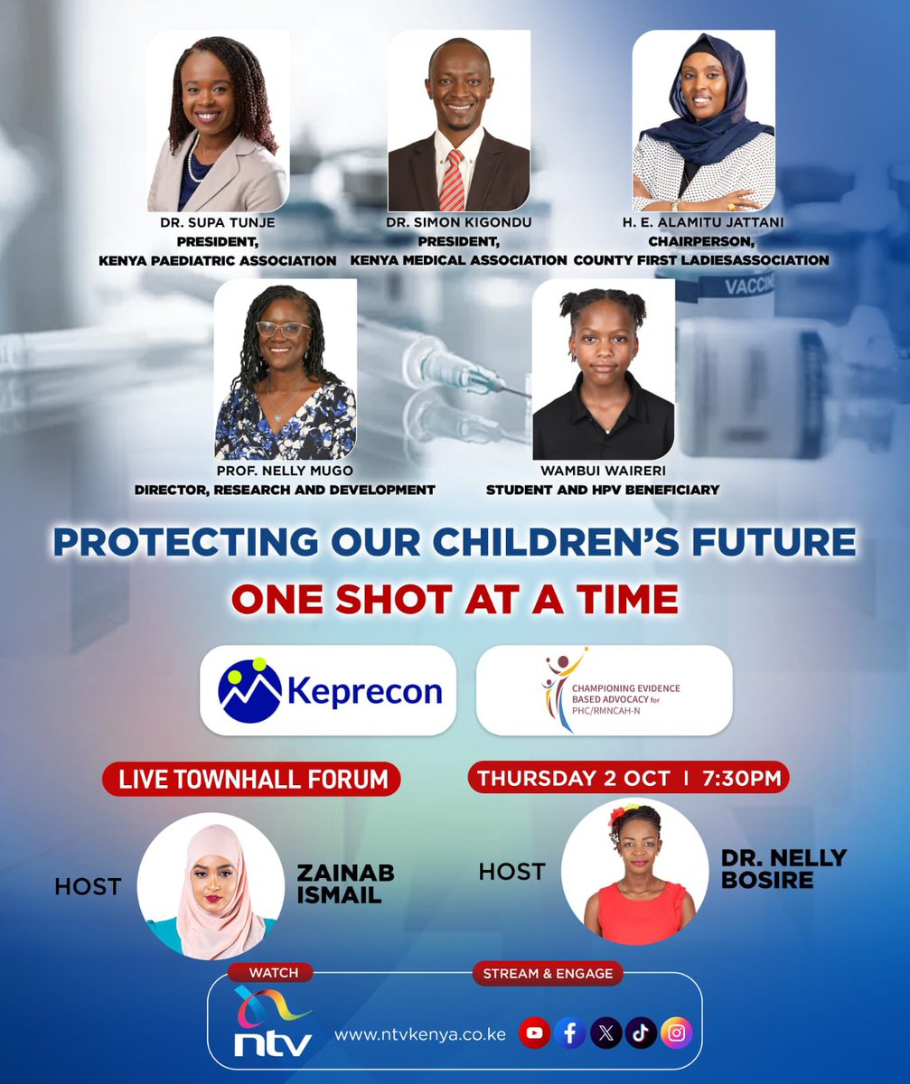 Marianne Mureithi (@docmureithi) on Twitter photo Looking forward to attending todays the HPV Townhall meeting organized by <a href="/keprecon/">KEPRECON</a>  under their Championing Evidence-Based Advocacy (CEBA) project! 
This will be aired live on <a href="/ntvkenya/">NTV Kenya</a> at 7:30 PM
Lets talk about HPV vaccination! Join in!
📍 Aga Khan University Centre Auditorium Looking forward to attending todays the HPV Townhall meeting organized by <a href="/keprecon/">KEPRECON</a>  under their Championing Evidence-Based Advocacy (CEBA) project! 
This will be aired live on <a href="/ntvkenya/">NTV Kenya</a> at 7:30 PM
Lets talk about HPV vaccination! Join in!
📍 Aga Khan University Centre Auditorium