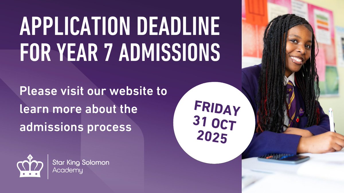 You have until Friday to apply to join us at Star King Solomon Academy in September 2026.

If you would like to learn more about the Year 7 admissions process, please visit our website: starkingsolomon.org/information/ad…

#WeAreStar #FindYourStar