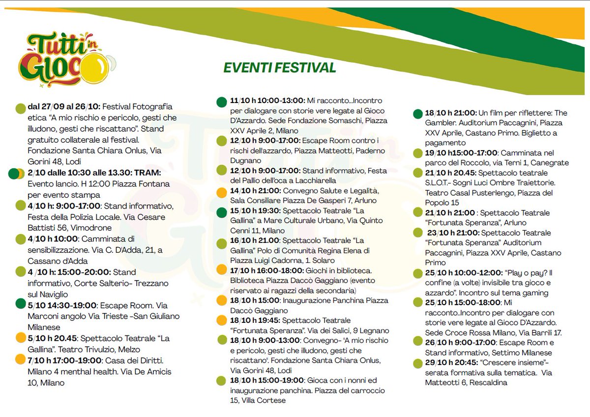 🟡 Nel mese di ottobre si terrà il Festival diffuso "Tutti in Gioco" per la prevenzione e il contrasto al Gioco d’Azzardo Patologico. Gli eventi si svolgeranno diffusamente nel territorio provinciale di Milano e Lodi. Leggi qui la news: bit.ly/3VLSj2M
