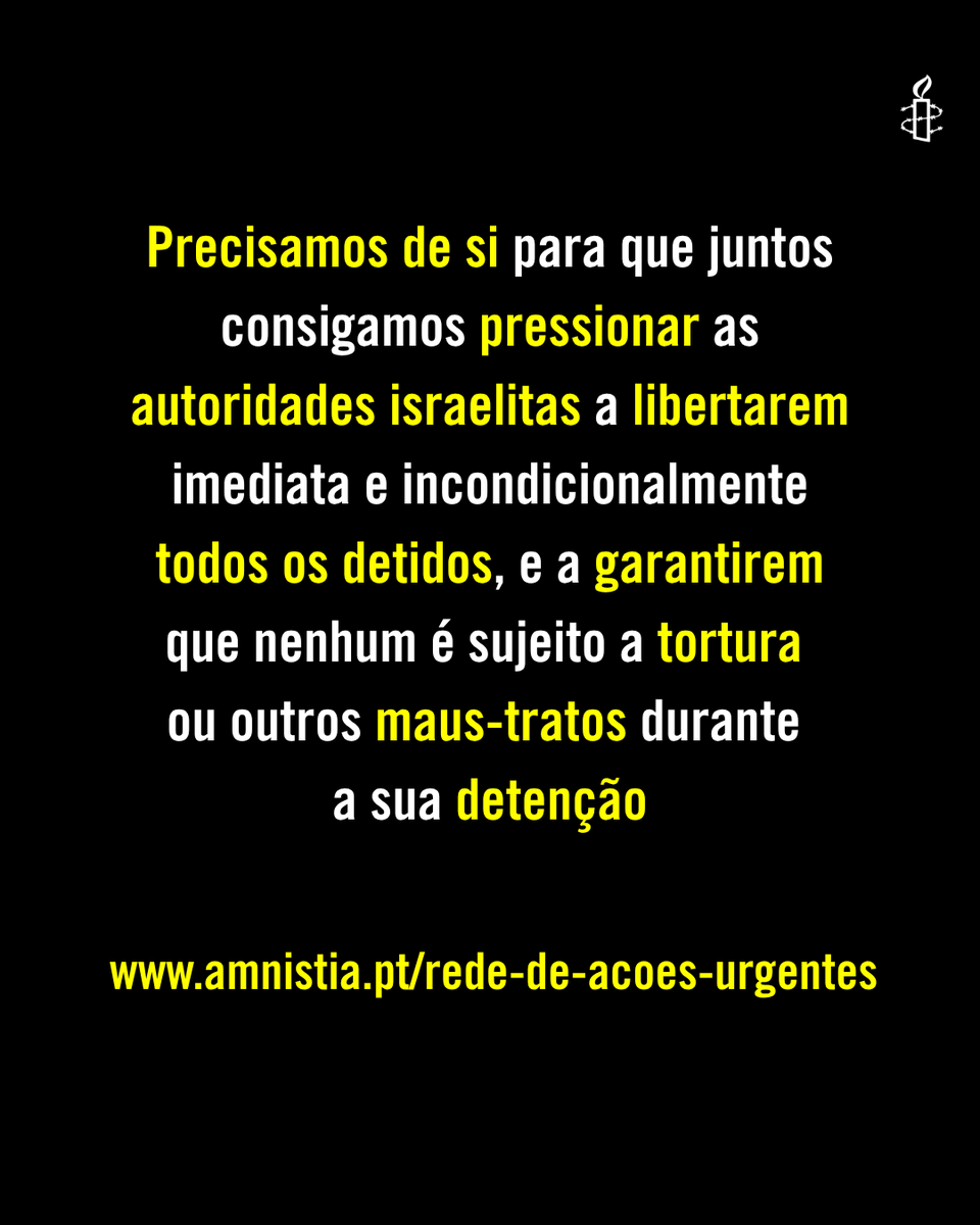 amnistiapt's tweet photo. Escreva um e-mail ou ligue para a #Embaixada de #Israel em #Lisboa para que todos os detidos, incluindo os quatro #portugueses, sejam #libertados imediata e incondicionalmente, e para que garantam que nenhum é sujeito a #tortura ou outros #maustratos durante a sua #detenção. https://t.co/F4xU7xpzGf