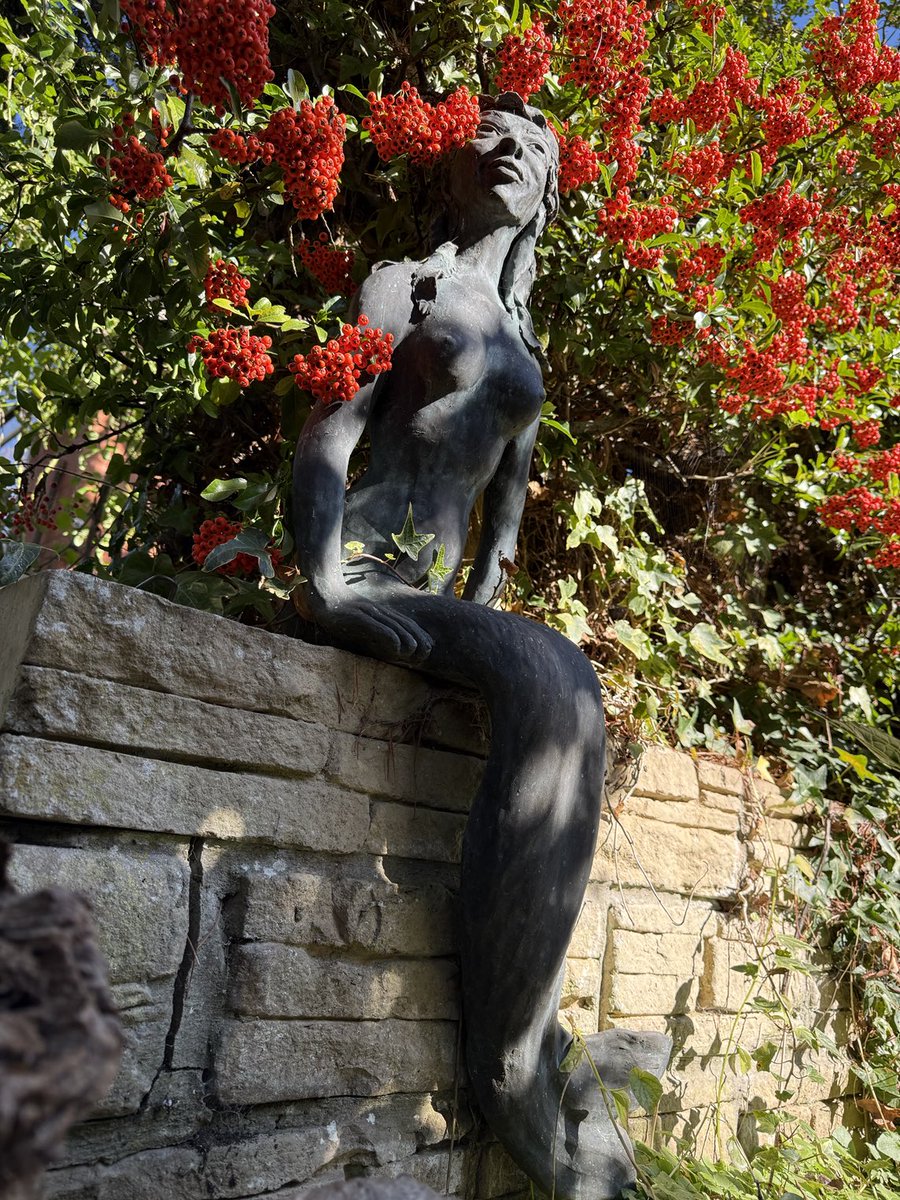 Kittywitches's tweet photo. Good afternoon from Norfolk and the mermaid I made many years ago. She sits happily above the pond which is rather beneath her dignity being much too small and shallow for bathing in! 😁 #Mermaid #backyardview #LoveNorfolk https://t.co/qEP8ypO7Ti