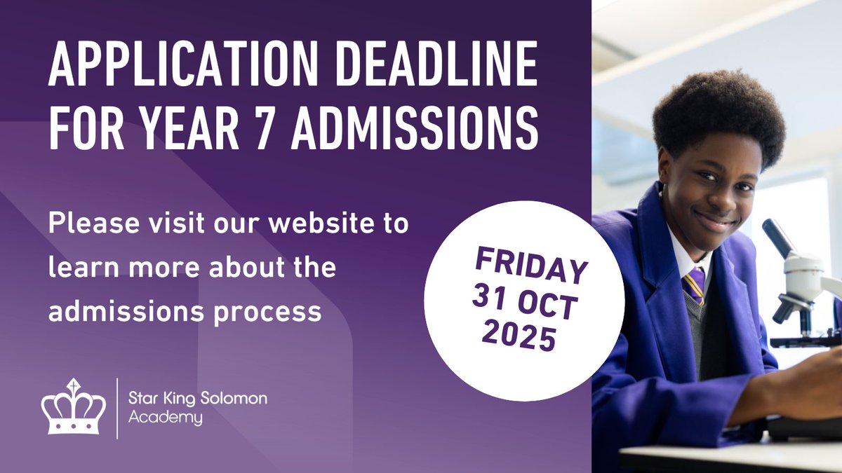 There is just one week until the deadline to submit secondary school applications for 2026.

If you would like to learn more about the Year 7 admissions process, please visit our website: starkingsolomon.org/information/ad…

#WeAreStar #FindYourStar