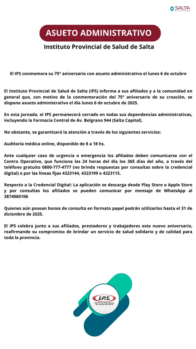 salta_ips's tweet photo. El IPS conmemora su 75° aniversario con asueto administrativo el lunes 6 de octubre.
.
.
.
#IPSSalta https://t.co/5BejUTuCbS