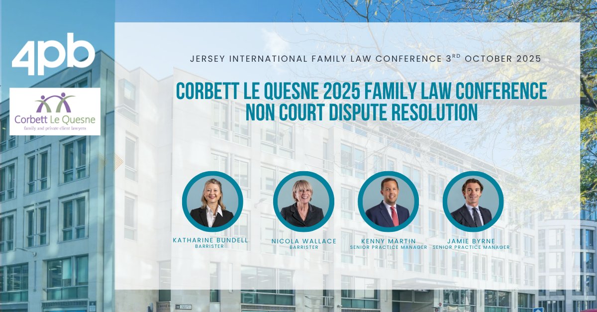 4PBFamilyLaw's tweet photo. Katharine Bundell, Nicola Wallace alongside Senior Practice Managers, Kenny Martin and Jamie Byrne, are excited to be joining esteemed colleagues at the Jersey International Family Law Conference, hosted by @CorbettLeQuesne, Friday 3rd October.  

This year with a focus on Non Court Dispute Resolution the conference will be opened by @WiFLaw, followed by presentations from many of our family law colleagues looking at Private FDR's, Safeguarding in Mediation as well as a look at the Civil Mediation model for Family Finance Disputes .....and then of course there is the Football Match ⚽️ on the beach 📷 to kick off the conference.