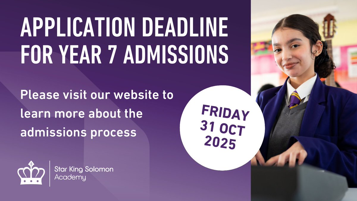 There are just five days left to submit your child's application to join us as a Year 7 pupil in 2026. 

If you would like to learn more about the Year 7 admissions process, please visit our website: starkingsolomon.org/information/ad…

#WeAreStar #Transition