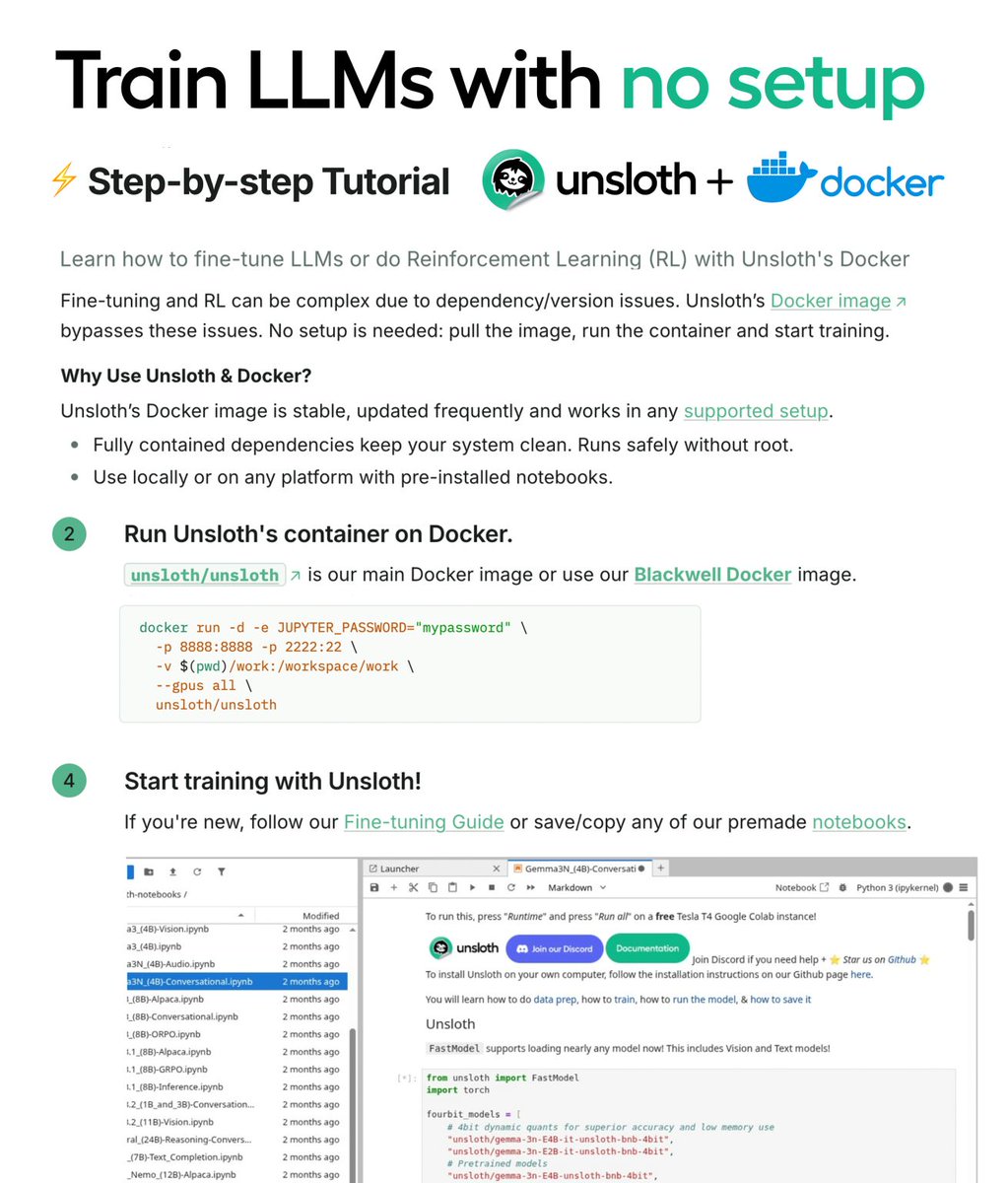 akshay_pachaar's tweet image. Train LLMs locally with zero setup!

Your favourite fine-tuning library just got better—now comes as a Docker image! 🐳

No more dependency or environment headaches.

Includes all pre-made Unsloth notebooks!

100% open-source.