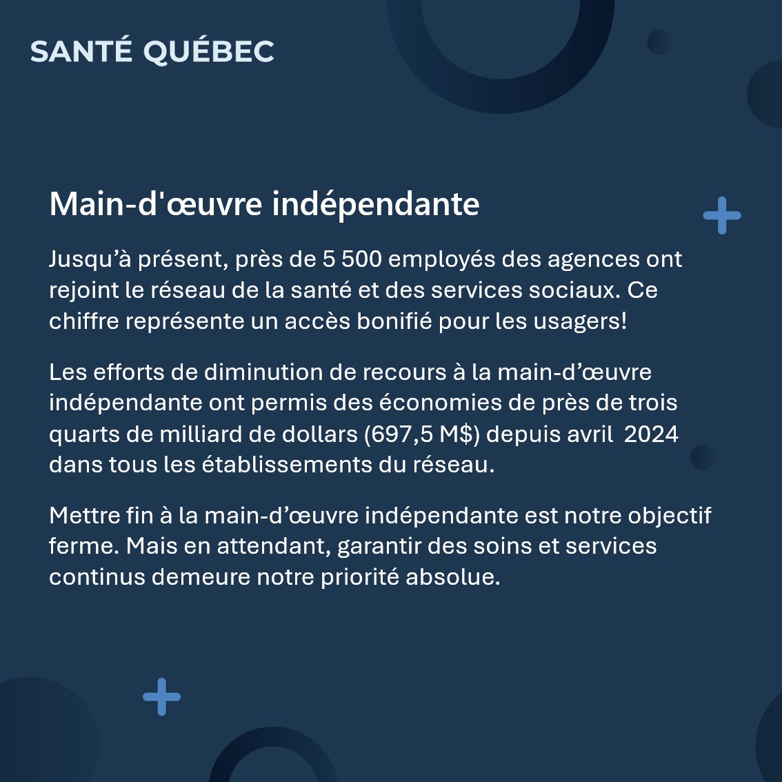 La Presse rapporte la présence de main-d’œuvre indépendante dans certains établissements. Nous voulons clarifier certains éléments : les demandes de dérogation sont exceptionnelles et ne sont acceptées que si le manque de personnel compromet la qualité ou la sécurité des soins.⤵