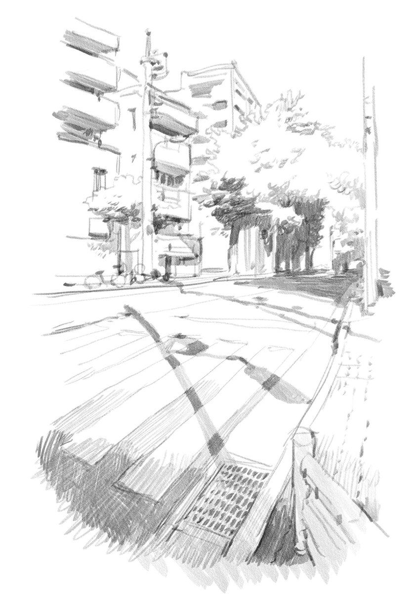 魅力的な建物だけじゃなく、地面や空間そのものを主役にしたスケッチも