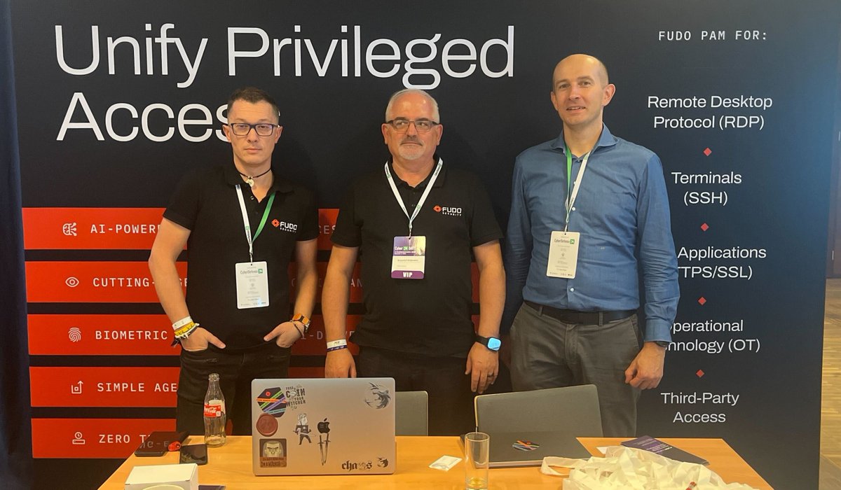 FudoSecurity's tweet photo. Today we are at Cyber24 Day, showcasing how our solutions support organizations in securing privileged access. We focus on rapid deployment and AI-powered threat detection, which strengthen control and reduce the risk of misuse.

At our booth, you can meet Janusz Gałązka and Krzysztof Wójtowicz. We were also visited by Leszek Orłowski from bValue, the fund that earlier this year invested USD 10 million in Fudo Security to accelerate our technological development.

➜ Visit our booth to see how Fudo works in practice and to discuss your challenges and expectations around Privileged Access Management.