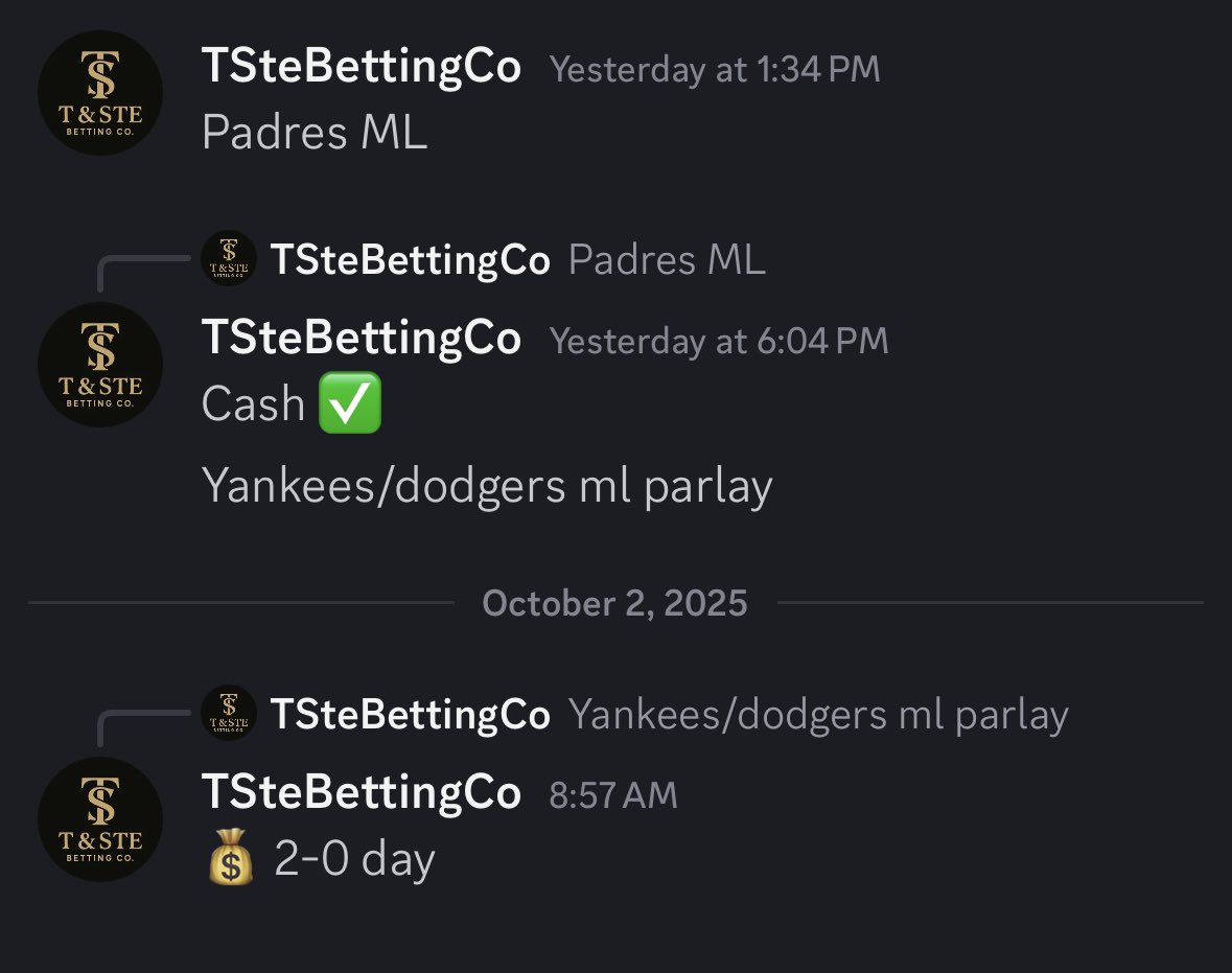 2-0  yesterday 💰 ✅ 

Padres ML ✅ 

Yankees/Dodgers ML parlay ✅ 

NFL and mlb today get at us!

#gamblingx #ABL #MLBPlayoffs #NFL #Draftkings #Discord
