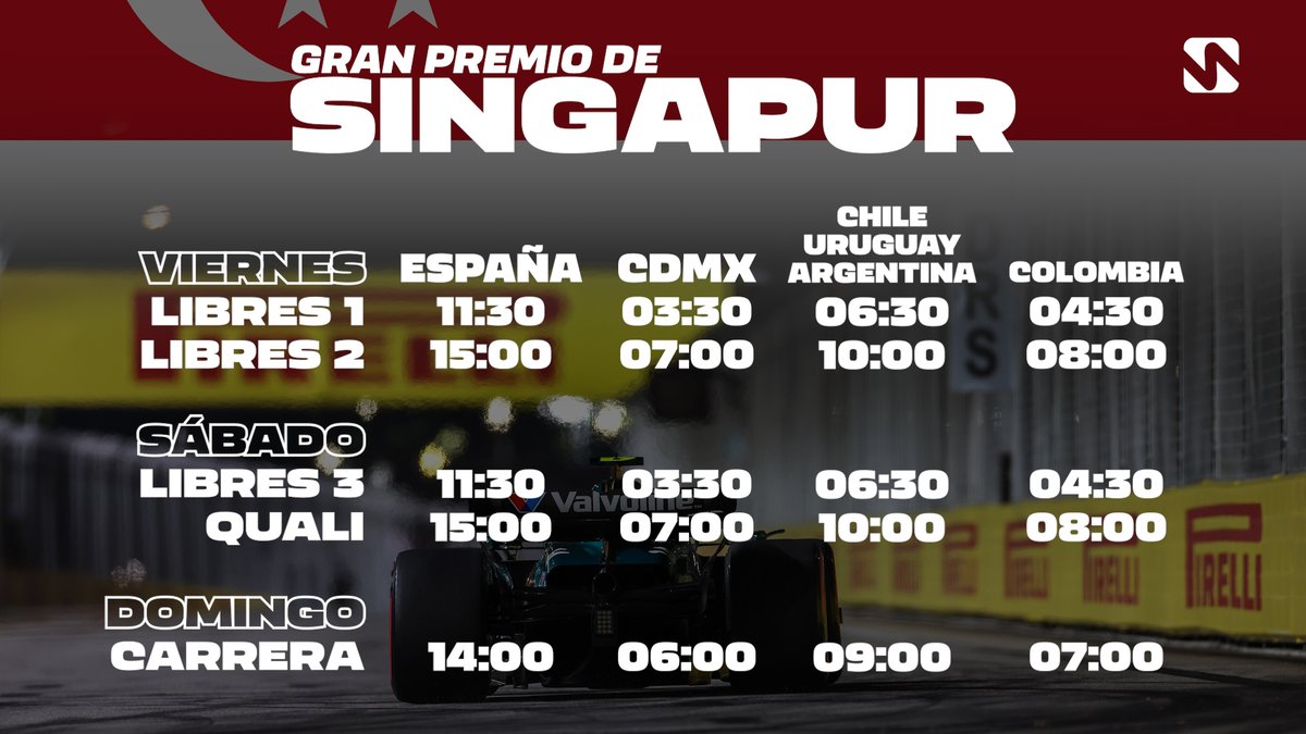 victorabadf1's tweet photo. 🏁 H O R A R I O S 🏁

La Fórmula 1 regresa con el Gran Premio de Singapur 🇸🇬. Primera carrera declarada con "riesgo por calor", habrá chalecos refrigerantes para los pilotos (o lastre extra para quien no quiera llevarlo).

Comparte los horarios, salva una vida. https://t.co/A1O2IyLVHt