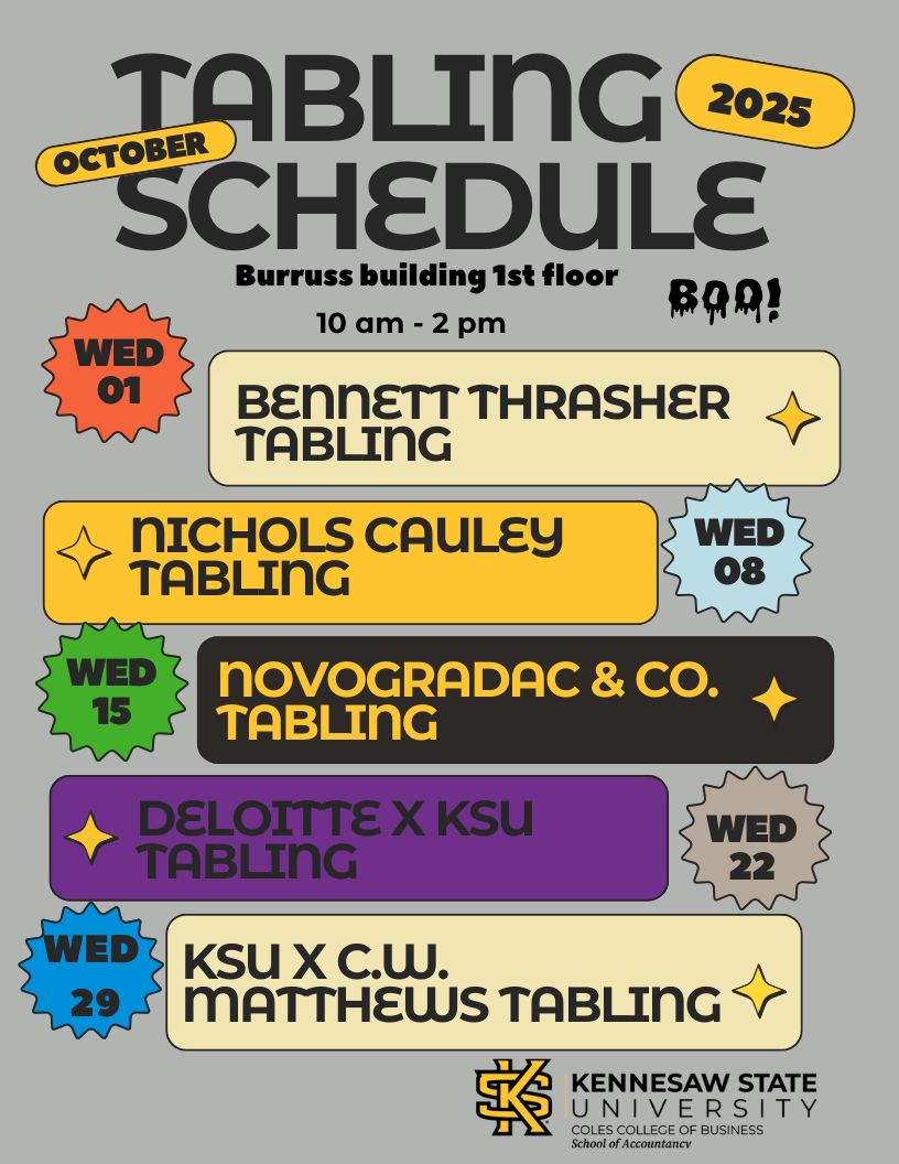 Get ready for KSU's exciting tabling schedule this October!🍁 Come by Burrus Building and exploring opportunities, engage with intriguing ideas, and connect! Don't miss your chance to enhance your knowledge and broaden your horizons! 💼🎓🚀 #KSUSoA #kennesawstateuniversity