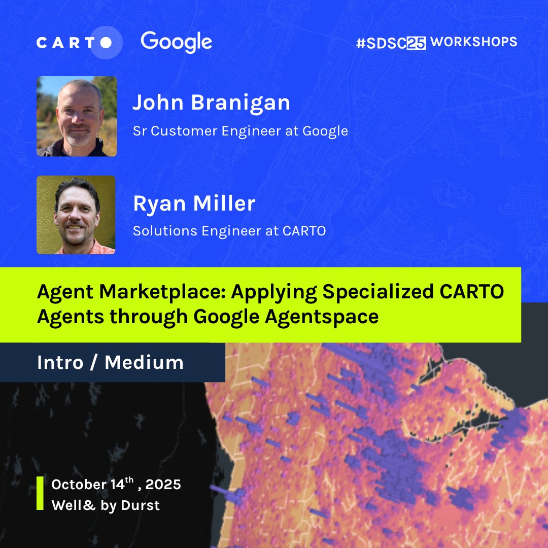 SDSC_Community's tweet photo. Join John Branigan (@Google) and Ryan Miller &amp; Antonio Hita (@CARTO) to explore task-focused AI agents via Google Agentspace, speeding up geospatial workflows from analysis to real estate site selection. 🚀

🎟️Get your #SDSC ticket now: https://t.co/HszmBDvirI https://t.co/H9etJ7NzKk