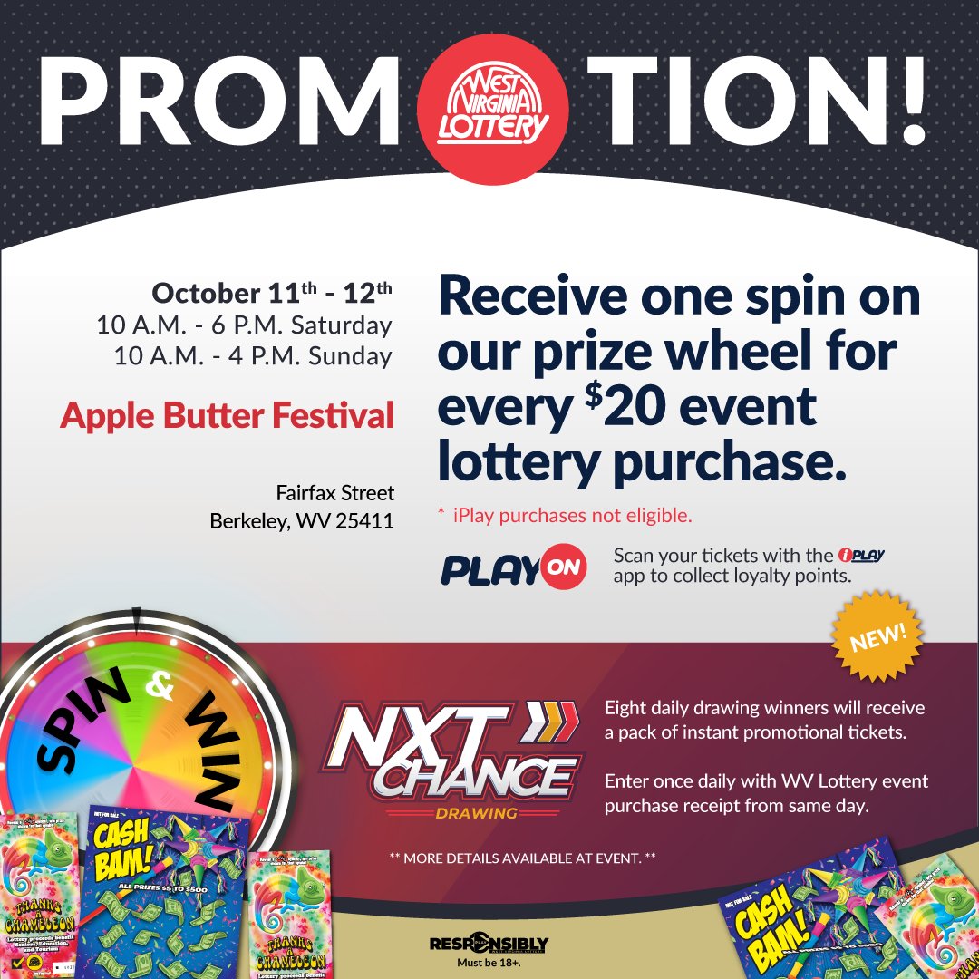 🍎✨ Apple Butter Festival – Berkeley Springs, WV!
📅 Oct 11–12 | 10–6 &amp; 10–4
🎡 Spend $20 on WV Lottery tix = 1 spin on our Prize Wheel!
🎟️ Enter NXT Chance Drawing daily for promo tickets.
🍂 #PlayWVLottery #PlayOn