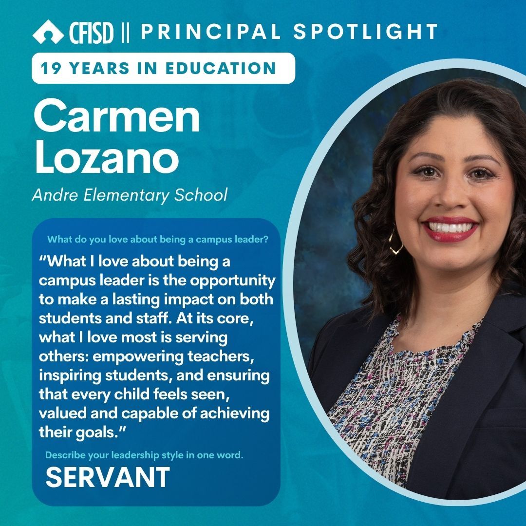 Carmen Lozano, principal of Andre Elementary School, has dedicated four years of service as a principal in CFISD! 

Thank you for your leadership, Ms. Lozano! #CFISDSpirit 🎉 #ChooseCFISD #ThankaPrincipal