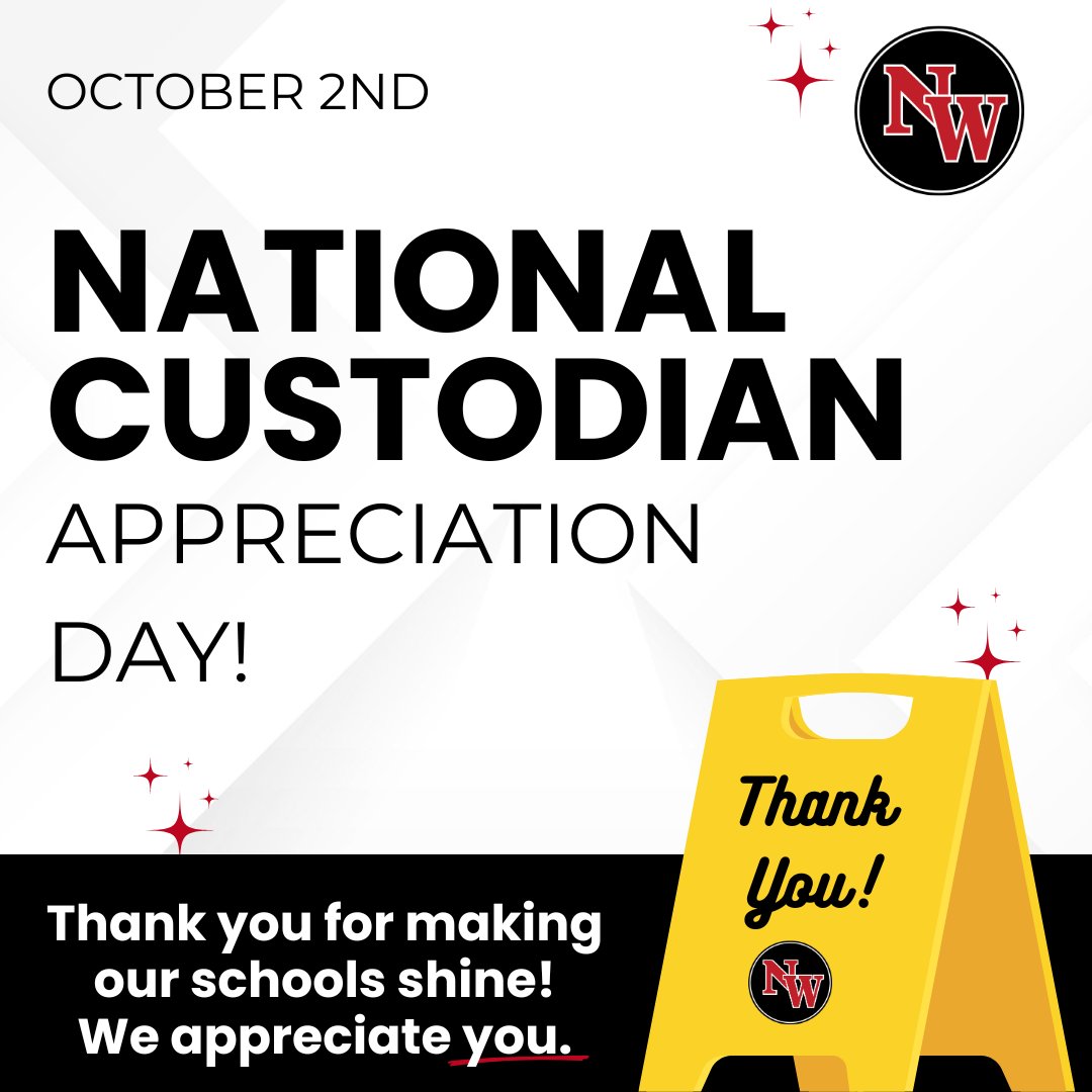 In honor of National Custodial Day, we would like to thank our custodial staff for all of their hard work.🤩🫧 We appreciate everything you do to keep our schools sparkling clean for our community!✨⚫🔴 #nwschools
