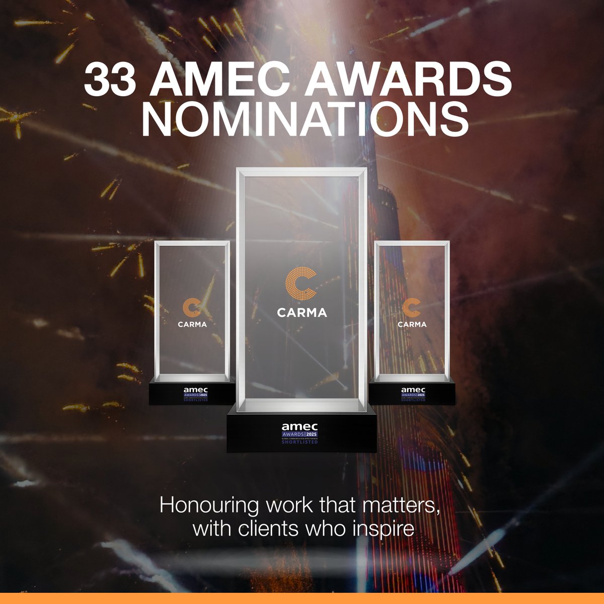 CARMA is proud to set a new record with 33 nominations at the 2025 AMEC Awards, our strongest performance yet! 🌍🎉 From MENA to APAC, EU, UK &amp; US, our teams continue to set global standards in measurement excellence. See you in London on Nov 5! #AMECAwards