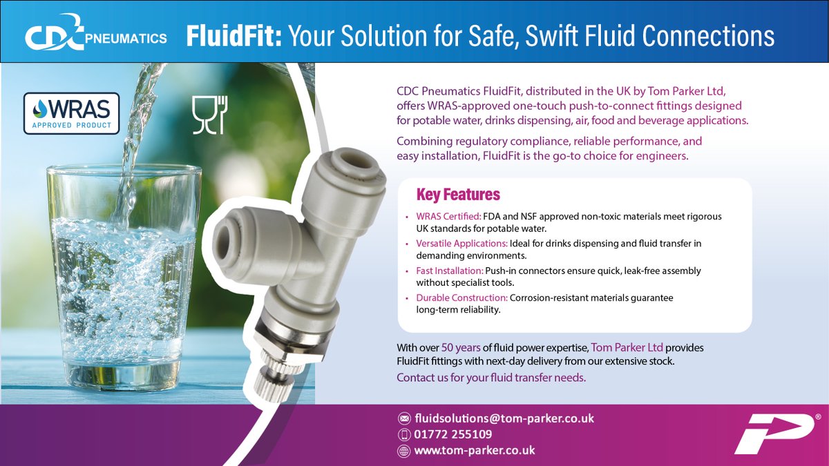 Looking for cost-effective, reliable fittings for your air/fluid applications?

CDC FluidFit — the one-touch connection solution designed for potable water systems, beverage dispensers, food equipment, and airline installations.

tom-parker.co.uk/products/push-…