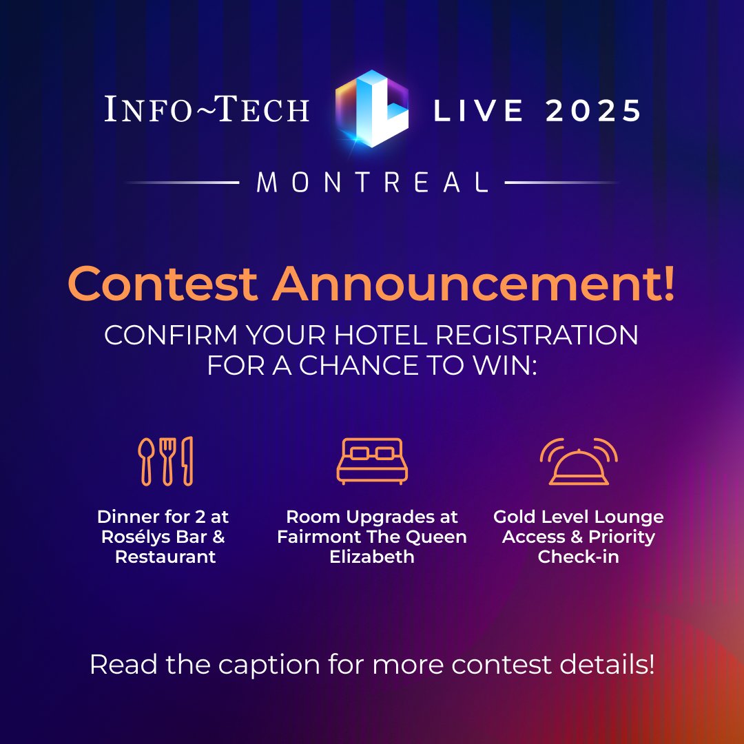 infotechRG's tweet image. Book your stay at #InfoTechLIVE Montreal and enter to WIN!
From now until Oct. 28, when you register for LIVE and book your stay at Fairmont The Queen Elizabeth, you’ll be automatically entered to win one of 3 exclusive prize packs.

Find out more here: ow.ly/GCk150X5jV5