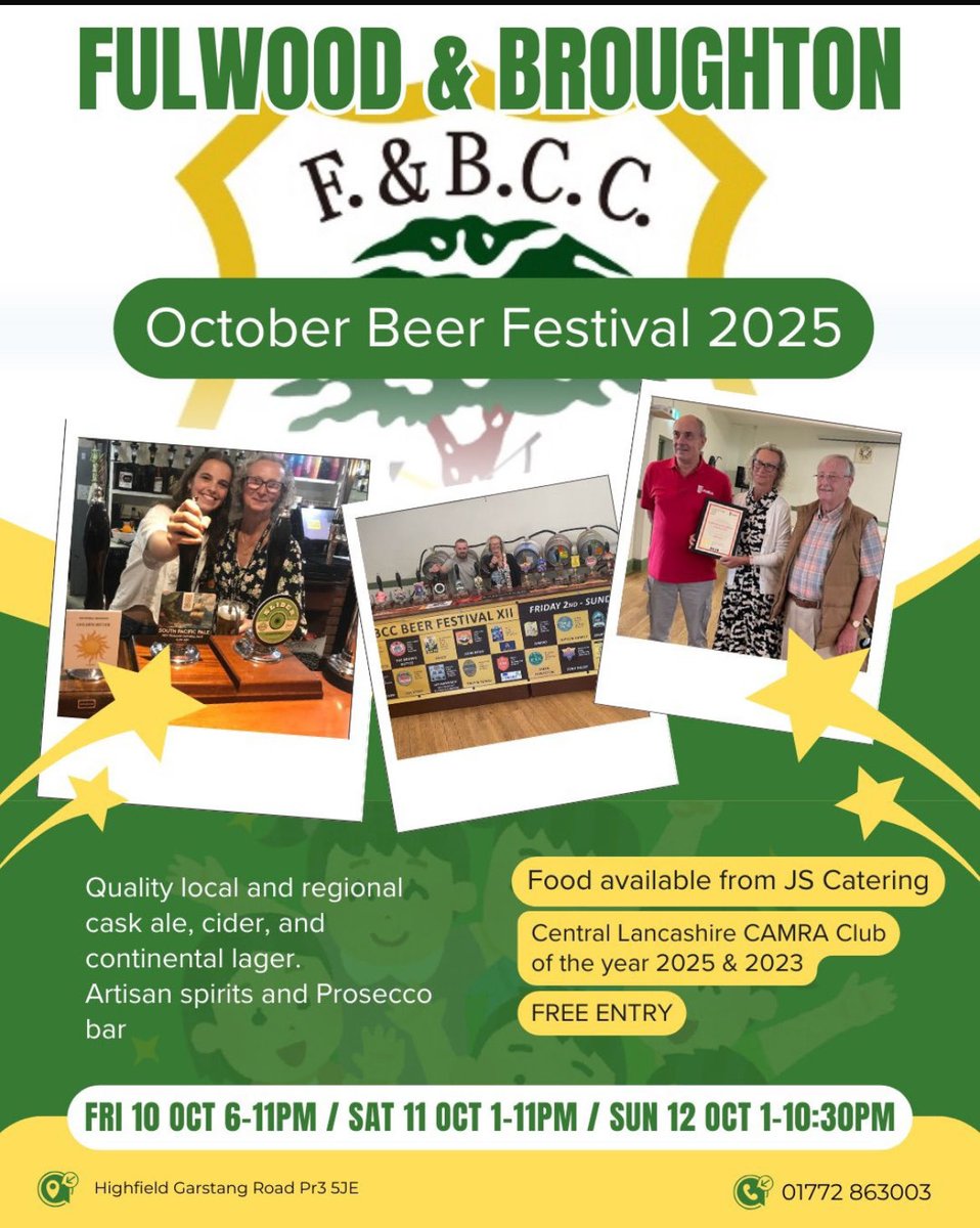 FandBCC's tweet image. 🚨Its nearly time⏱️🍺

🍺 Hop to it! The Fulwood &amp;amp; Broughton CC Beer Festival is brewing up on 10th, 11th &amp;amp; 12th October. Free entry . 

Ale be honest… you don’t want to miss this one 😉
Pints, pals &amp;amp; plenty of cheer await! 🍻

#FBCCBeerFest #AleYeah